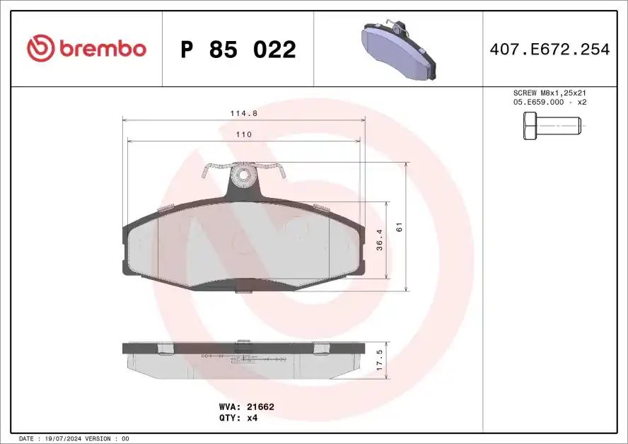 Značkový Sada brzdových destiček, kotoučová brzda BREMBO P 85 022