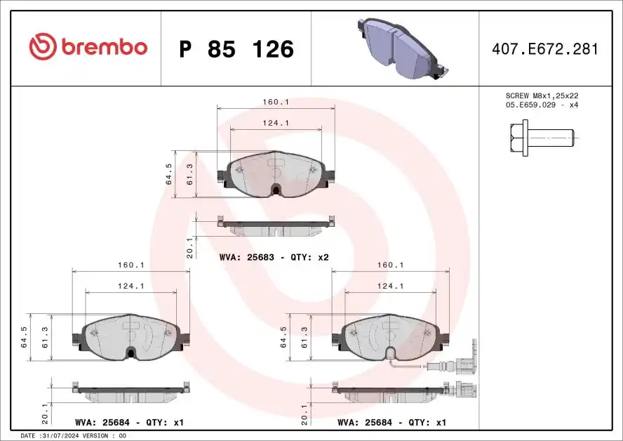 Jen Po Omezenou Doba Sada brzdových destiček, kotoučová brzda BREMBO P 85 126X