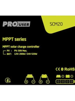 MPPT regulátor ProUser SCM20 20A 12V/24V - pro solární panely / Bluetooth připojení / optimalizace výkonu Levný