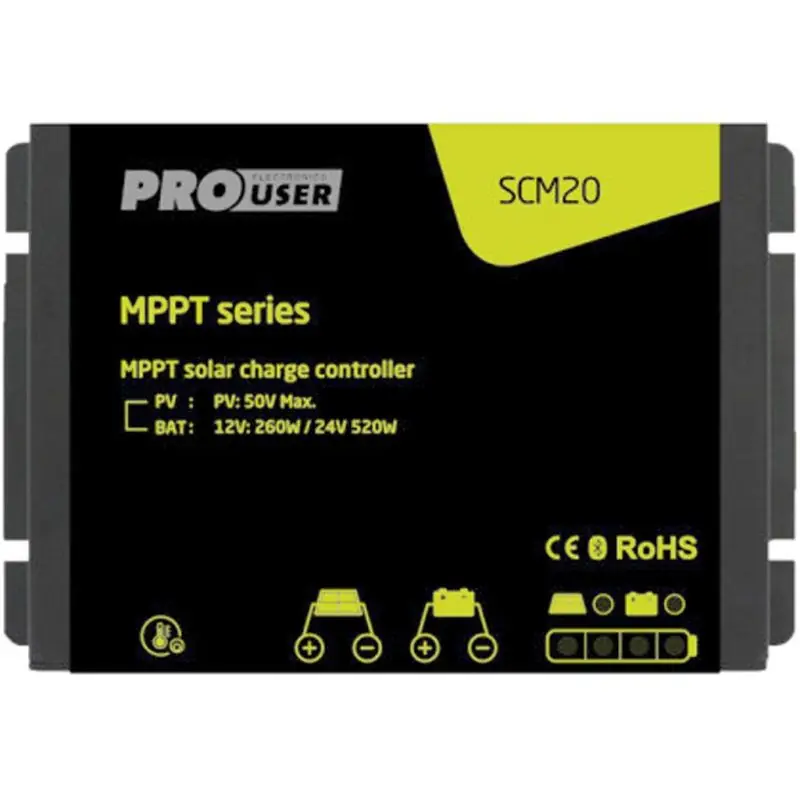 MPPT regulátor ProUser SCM20 20A 12V/24V - pro solární panely / Bluetooth připojení / optimalizace výkonu Levný